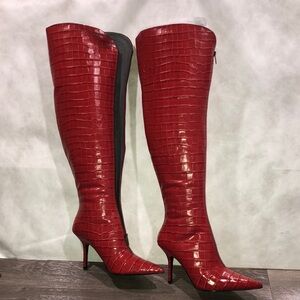 Vince Camuto Red Over the Knee Boots Croc with Stiletto Heel Front Zip New NWOB